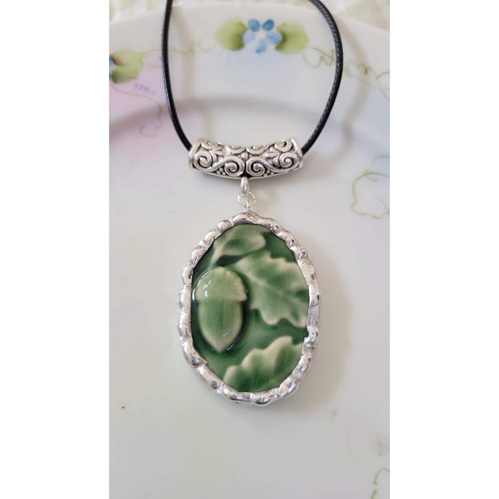 Bordallo Pinheiro Necklace, Broken China Jewelry, Green Acorn Pendant